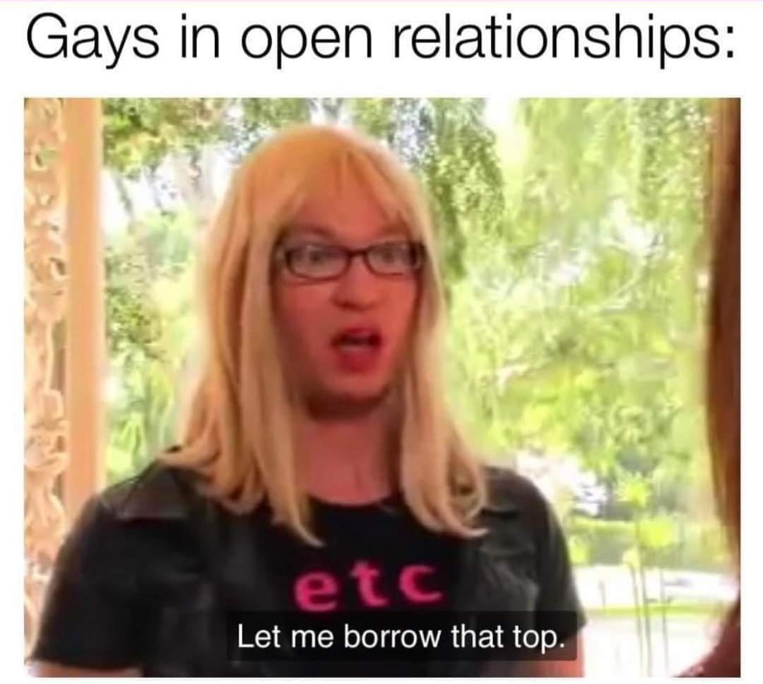 The meme is a screenshot of a person with a shocked expression, and the text "In 2-3 sentences, describe this meme for someone who cannot see it. Include any text that appears in the image" is overlaid on top. Below the text, a caption reads "Gays in open relationships: Let me borrow that top." The image is a humorous take on the stereotype that gay men are often more fashion-conscious and interested in fashion, and the joke is that they would be more interested in borrowing a top (a piece of clothing) rather than a top (a musical term) in an open relationship.